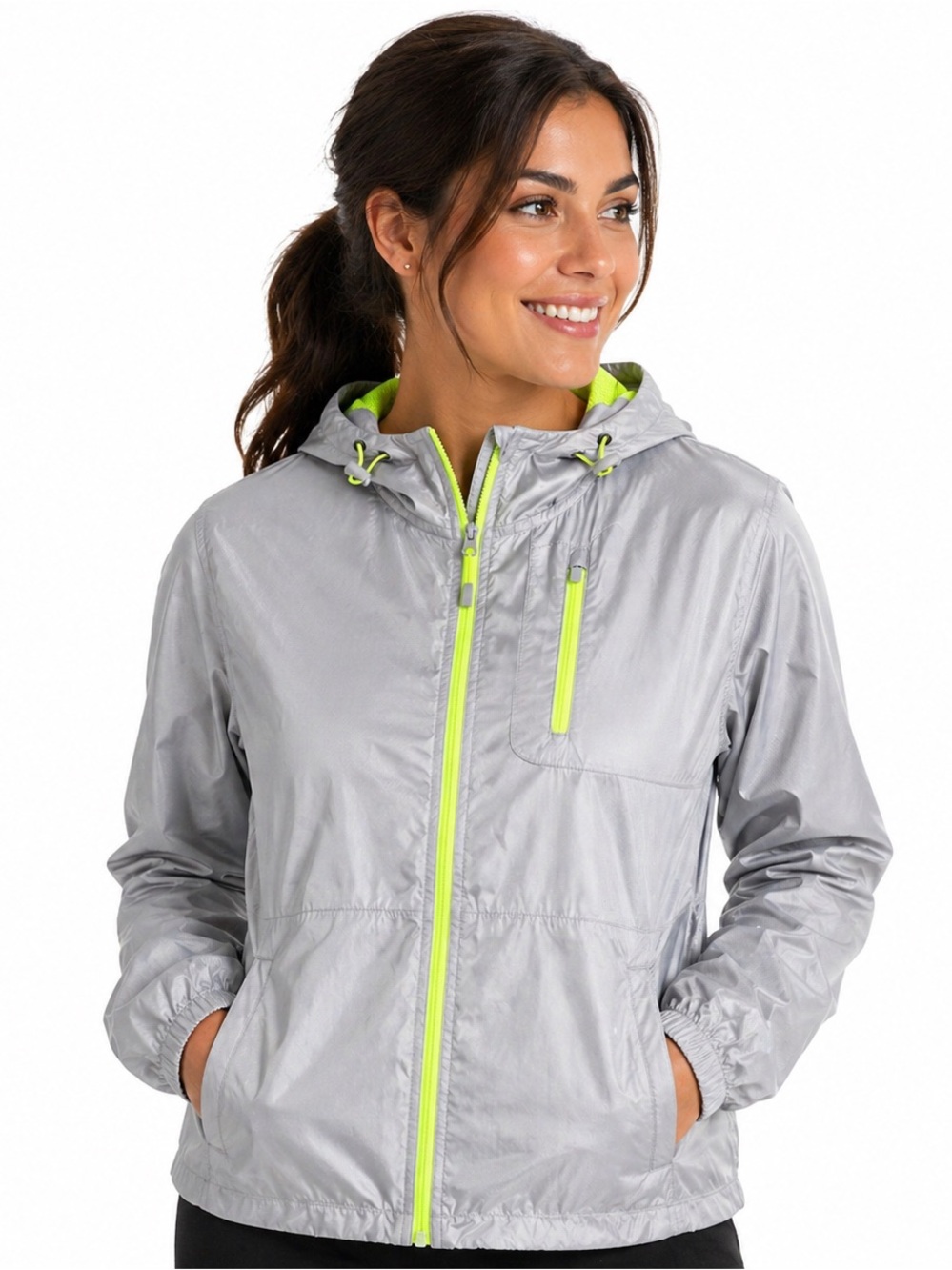 Danskin Now Womens Windbreaker Jacket Gray Neon Hooded Zip XL 16-18